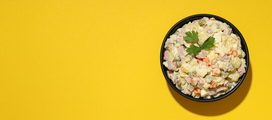 Concept of New year food, Olivier salad, space for text