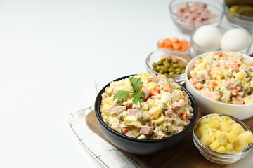 Concept of New year food, Olivier salad, space for text