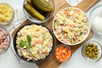 Concept of New year food, Olivier salad, top view