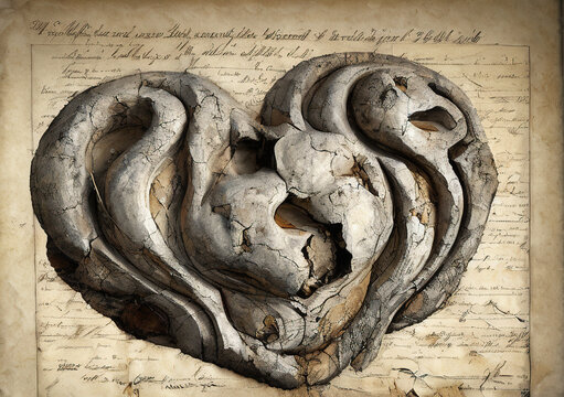 Parchment Art, drawing of a beautiful anatomically correct heart made of stone - AI Generated