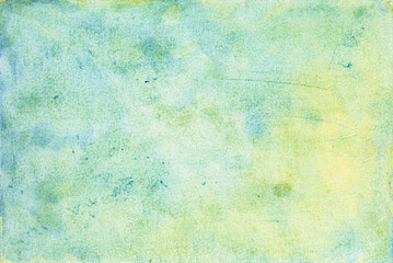 Abstract green, blue and yellow watercolor and paper texture background.