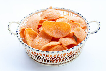 Prawn crackers on white background. Shrimp crispy rice snack