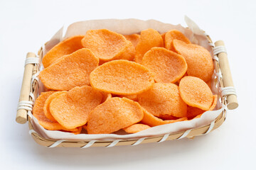 Prawn crackers on white background. Shrimp crispy rice snack