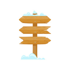 Directional signboard with arrows cartoon illustration. Wooden road sign, billboard or pointer for advertising and information. Winter, guidepost concept