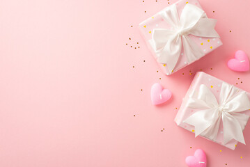 Valentine's Day concept. Top view photo of gift boxes with white ribbon bows heart shaped candles...