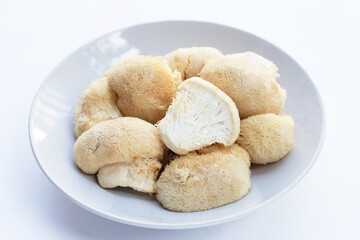 Fresh lion's mane mushroom on white background