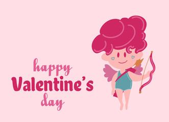 Happy Valentine s Day poster with angel cupid, hearts, and confetti. Festive background for February 14 with hand lettering. Vector design for postcards, advertising material, websites.