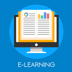 e learning vector illustration with book and laptop, computer, screen symbol.