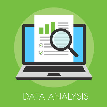 Data analysis vector illustration with paper and laptop symbol.