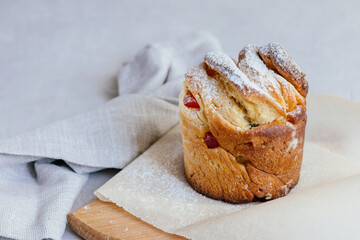Easter cake cruffin on a gray background.