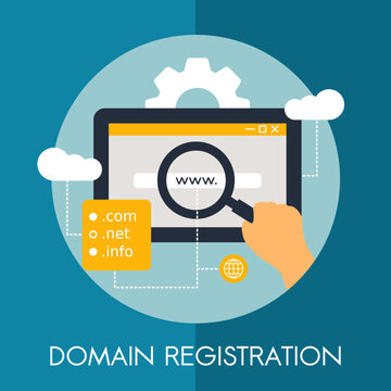 Domain registration illustration with website symbol. Graphic with laptop.