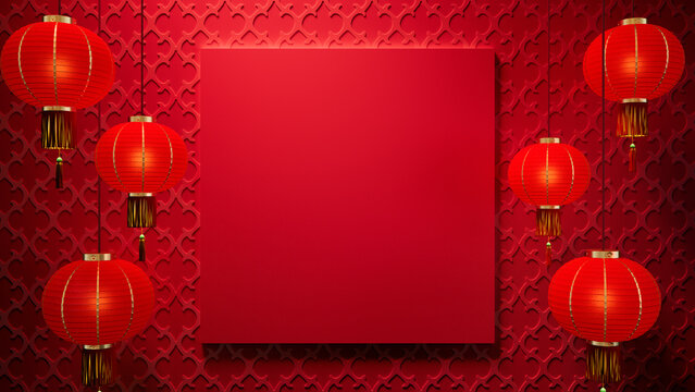 Lunar New Year Design Background, with Square Frame and Lanterns on 3D Pattern. Red Asian Template with copy-space.