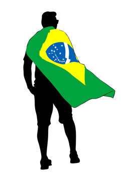People with brazil flag walking street on white background