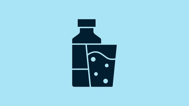 Blue Bottle of water with glass icon isolated on blue background. Soda aqua drink sign. 4K Video motion graphic animation