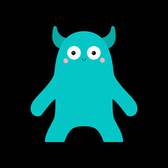 Happy Halloween. Monster head silhouette. . Blue animal. Cute Kawaii funny cartoon baby character. Horns, eyes. Happy face. Boo. Sticker print. Flat design. Black background.