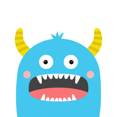 Monster face head silhouette. Happy Halloween. Cute Kawaii funny cartoon baby character. Blue animal. Yellow horns, eyes, fangs. Boo. Sticker print. Flat design. White background.
