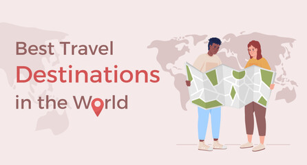 Best travel destinations in world flat vector banner template. Couple activity. Planning vacation poster, leaflet printable color designs. Editable flyer page with text space. Alexandria font used