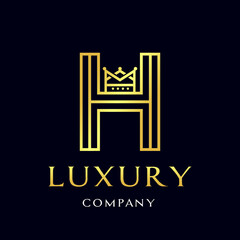 Letter H crown vector logo template. Design with gold color. Suitable for kingdom, fashion, font, alphabet. Vintage style.