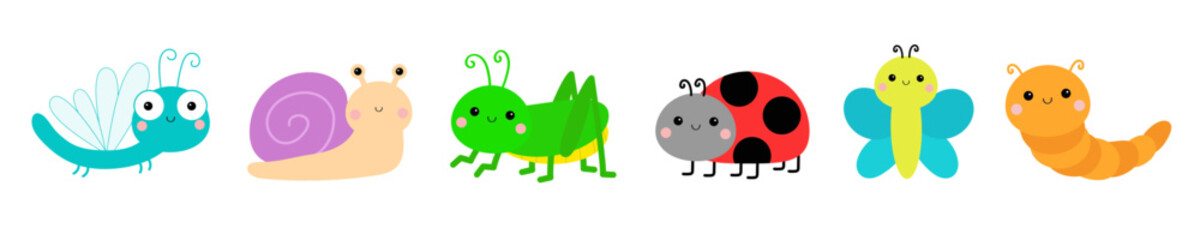 Insect set line. Grasshopper, dragonfly, snail, ladybug ladybird, butterfly, lady bug, caterpillar, catapillar.Cute cartoon funny kawaii baby animal character. Flat design. White background. Isolated. © worldofvector