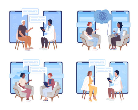 Online Consultation Flat Concept Vector Illustrations Set. Internet Meeting With Doctor. Editable 2D Cartoon Characters On White For Web Design. Creative Ideas For Website, Mobile, Presentation