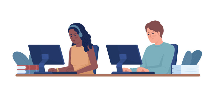 Young Employees Working On Computers Side By Side Semi Flat Color Vector Characters. Editable Figures. Full Body People On White. Simple Cartoon Style Illustration For Web Graphic Design And Animation