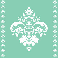 Damask graphic ornament. Floral design element. Green and white vector pattern