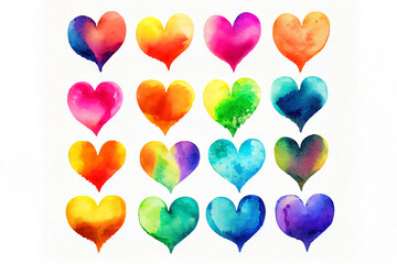 collection of watercolor love hearts in rainbow colors
