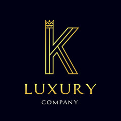 Letter K crown vector logo template. Design with gold color. Suitable for kingdom, fashion, font, alphabet. Vintage style.