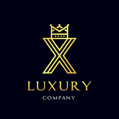 Letter X crown vector logo template. Design with gold color. Suitable for kingdom, fashion, font, alphabet. Vintage style.