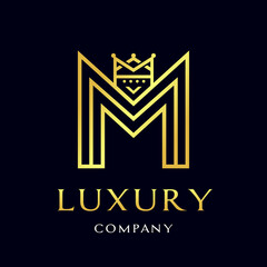 Letter M crown vector logo template. Design with gold color. Suitable for kingdom, fashion, font, alphabet. Vintage style.