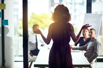 Presentation, leadership or business people in marketing business meeting, advertising or planning...