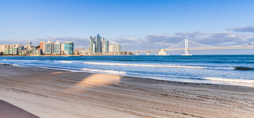 Busan panoramic coastal cityscape, beach view and Diamond bridge