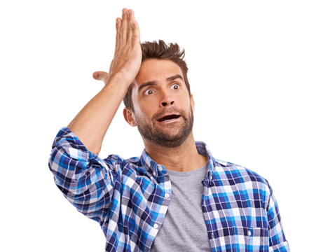 A young man looking forgetful Isolated on a PNG background.