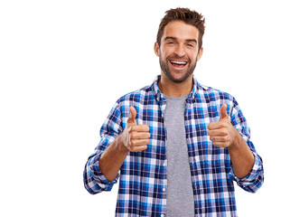 A studio portrait of a handsome man giving you thumbs up Isolated on a PNG background.
