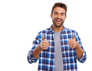A studio portrait of a handsome man giving you thumbs up Isolated on a PNG background.