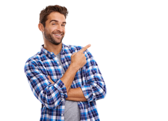 A Studio shot of a handsome man pointing to copyspace Isolated on a PNG background.