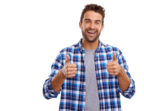 A studio portrait of a handsome man giving you thumbs up Isolated on a PNG background.