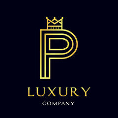 Letter P crown vector logo template. Design with gold color. Suitable for kingdom, fashion, font, alphabet. Vintage style.