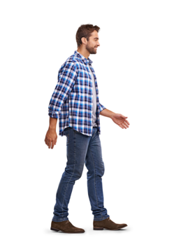 Studio shot of a man walking Isolated on a PNG background. Stock