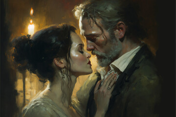 Fictional Person, Oil Painting of a Beautiful Femme Fatale in Love with Handsome Man, Lovers, A Beautiful Kiss on Valentine's Day