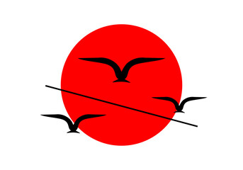 Black bird wing fiying with circle red sun silhouette logo icon on white background flat vector design.