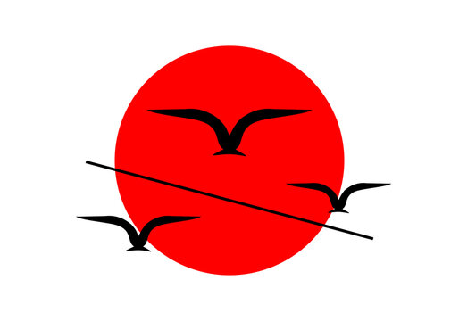 Black bird wing fiying with circle red sun silhouette logo icon on white background flat vector design.