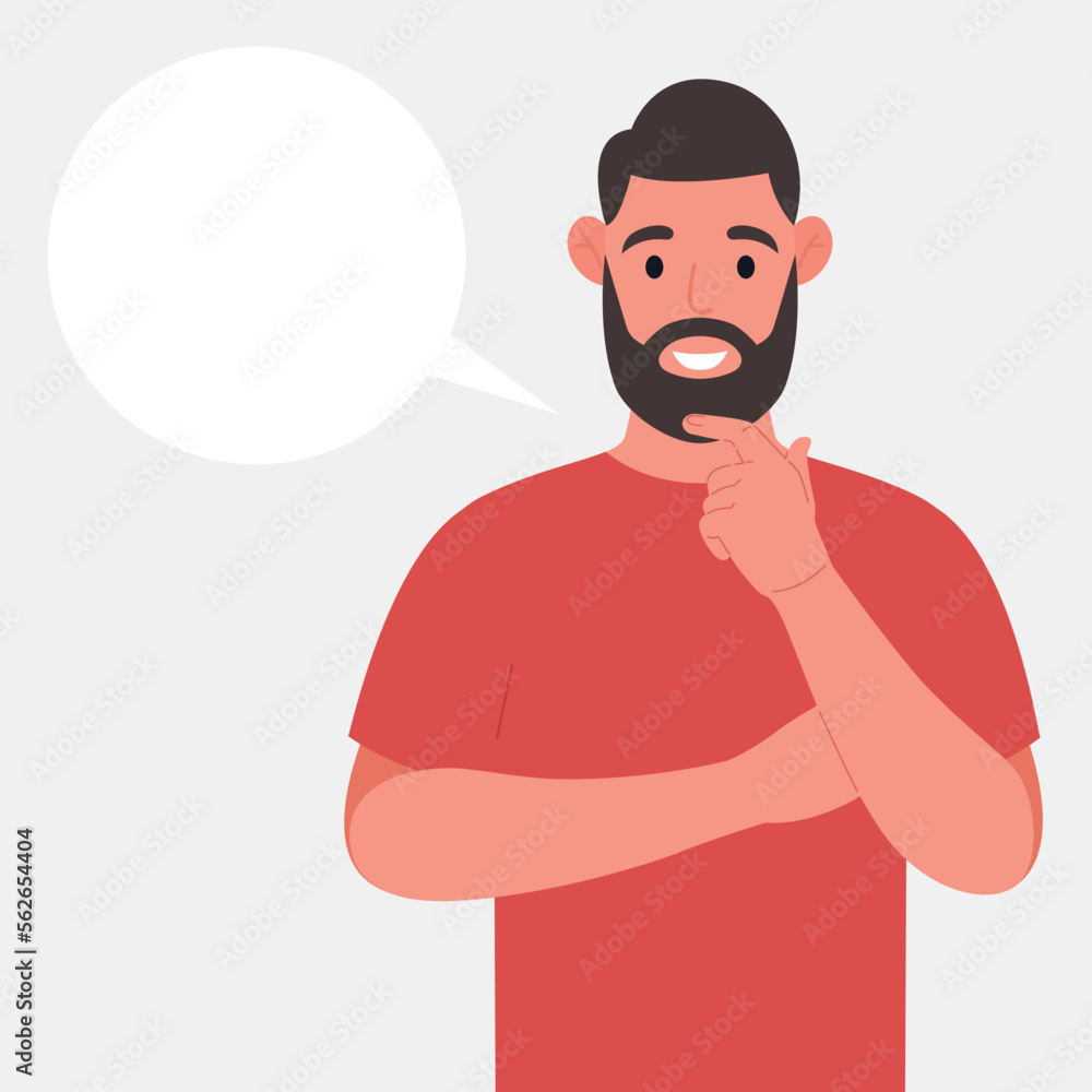 Poster bearded man thinks. pondering on particular belief or idea, empty cloud bubble for text or image. ve