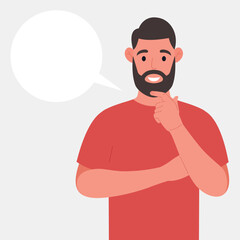 Bearded man thinks. Pondering on particular belief or idea, empty cloud bubble for text or image. Vector illustration.