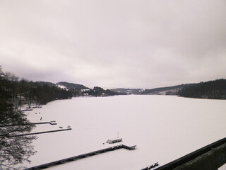 Frozen Ostrzyckie lake. Wiezyca, Kashubian region. Winter in northern Poland.