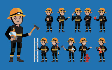 Set of fireman with different poses
