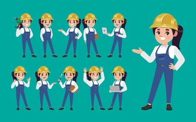 Set of worker with different poses