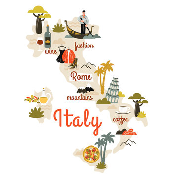 Italy map hand drawn with doodle elements. Cultural landmarks and sights, national symbols, flora, tourist attractions, food, drink. Vector flat cartoon illustration for infographic, poster, banner