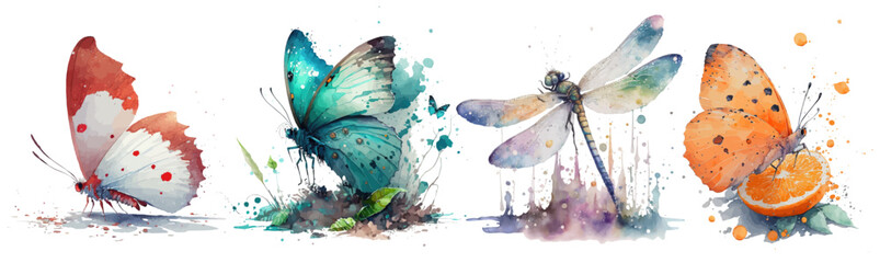Fototapeta Safari Animal set butterflies of different colors and dragonfly in watercolor style. Isolated vector illustration obraz