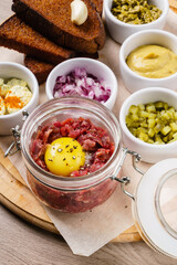 beef tartare with egg and dressing